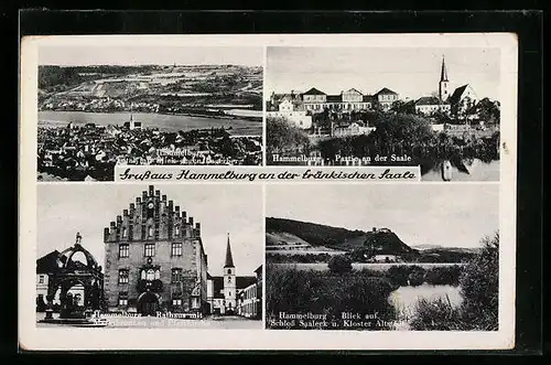 AK Hammelburg, Gesamtansicht, Partie an der Saale, Rathaus m. Marktbunnen und Pfarrkirche, Blick auf Schloss Saaleck