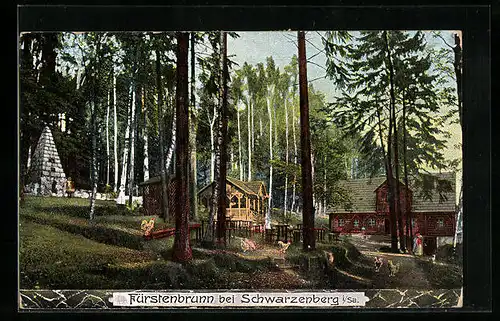 AK Fürstenbrunn bei Schwarzenberg i. Sa., Waldpartie mit Denkmal