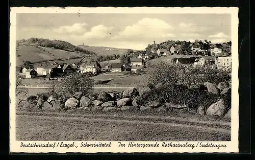 AK Deutschneudorf / Erzgeb., Ortspartie im Schweinitztal, im Hintergrund Katharinaberg