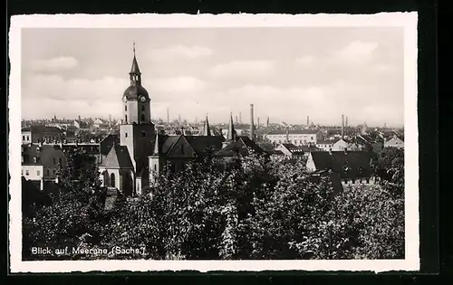 AK Meerane i. Sa., Blick von der Kirche über die Stadt auf die Industrieschornsteine
