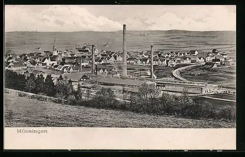 AK Münsingen, Blick über die Fabrikanlagen auf die Ortschaft