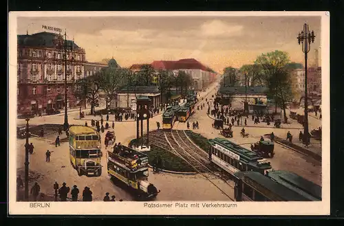 AK Berlin-Tiergarten, Potsdamer Platz mit Verkehrsturm und STrassenbahnen