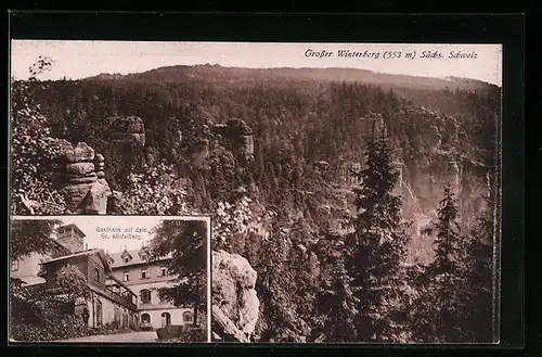 AK Bad Schandau i. Sächs. Schweiz, Gasthaus auf dem Gr. Winterberg, Felsformation
