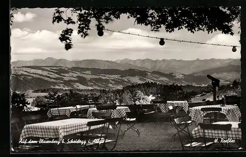 AK Scheidegg im Allgäu, auf der Terrasse der Aussichtsgaststätte auf dem Blasenberg