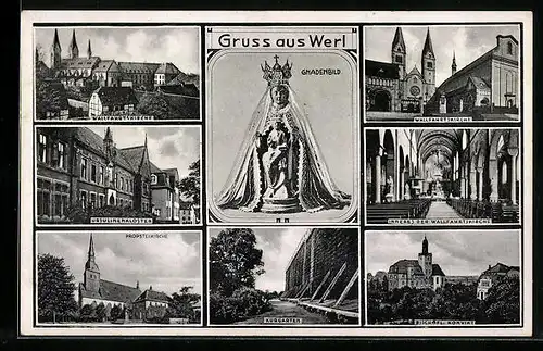 AK Werl, die Wallfahrtskirche, das Ursulinenkloster, im Kurgarten, Gnadenbild, Bischöfliches Konvikt