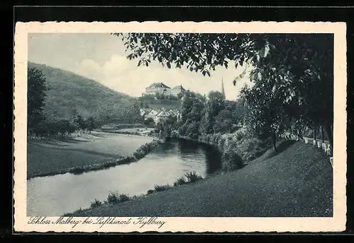AK Kyllburg, Uferpartie mit Blick zum Schloss Malberg, Hotel und Pension Eifeler Hof
