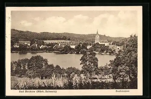 AK Buckow i. Märk. Schweiz, Blick über den Buckowsee auf die Kirche im Ort