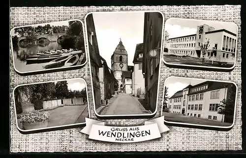 AK Wendlingen am Neckar, Bootsanleger an der Brücke, Strasse zur Kirche hin, vor der Schule