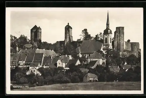 AK Stolpen i. Sa., Blick auf die Burg und die Stadt davor