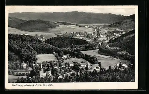 AK Wiedenest im Oberberg Kreis, Blick auf die Kirche im Ort, Fremdenpension Geschwister Peiniger