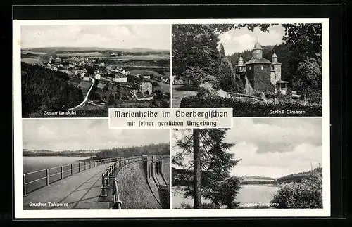 AK Marienheide im Oberbergischen, Gesamtansicht der Stadt, das Schloss Gimborn, Lingese-Talsperre, Brucher Talsperre