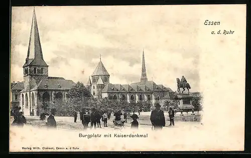 AK Essen a. d. Ruhr, Passanten am Kaiserdenkmal auf dem Burgplatz