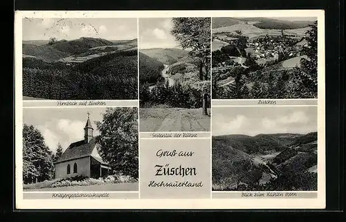 AK Züschen im Hochsauerland, Generlanaishct, Blick ins Seitental der Nühne, die Kriegergedächtniskapelle, Blick zum kahl