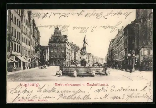 AK Augsburg, der Merkursbrunnen mit Blick in die Maximilianstrasse