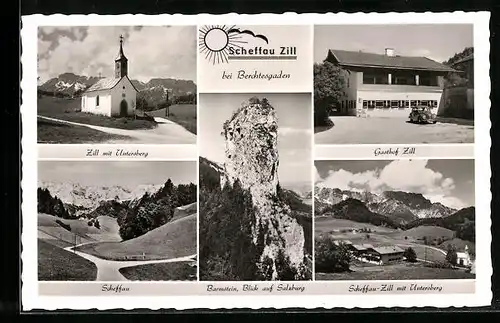 AK Scheffau Zill bei Berchtesgaden, an der Kapelle, Gasthof Zill, Blick zum Untersberg, Barmstein, Blick auf Salzburg