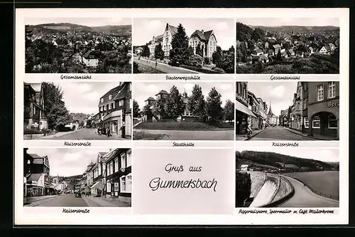 AK Gummersbach, Gesamtansicht, in der Kaiserstrasse, vor der Stadthalle, Aggertalsperre, Sperrmauer mit Cafe Mauerkrone
