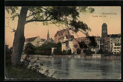 AK Wasserburg am Inn, am Innufer mit Blick auf die Kirchen in der Stadt