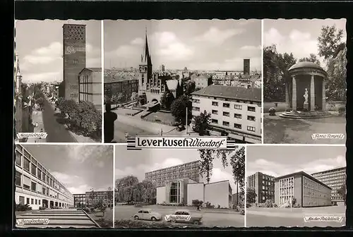 AK Leverkusen-Wiesdorf, der Flora-Tempel, Blick in die Hauptstrasse, an der Berufsschule, an der Poliklinik