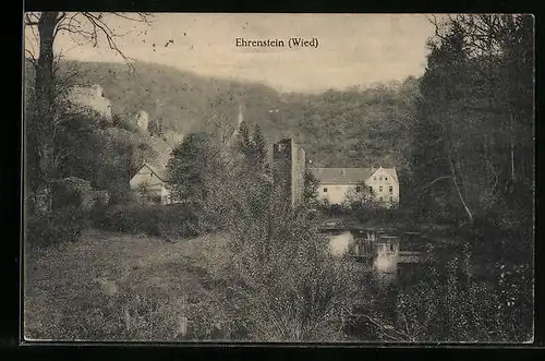 AK Ehrenstein Wied, Blick zur Ruine über dem Tal