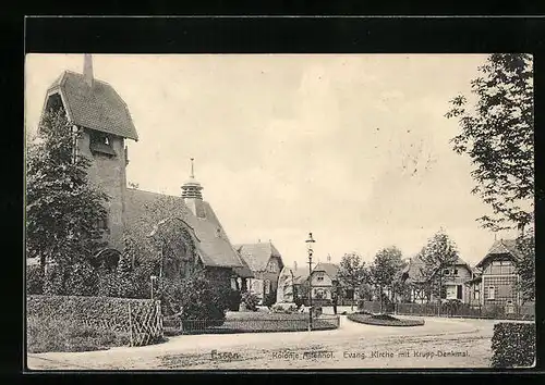 AK Essen a. d. Ruhr, Kolonie Altenhof, Evangelische Kirche mit dem Krupp-Denkmal