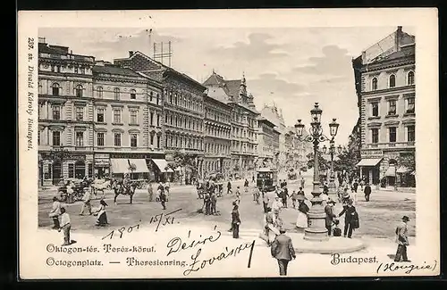 AK Budapest, Passanten und eine Strassenbahn auf dem Theresienring