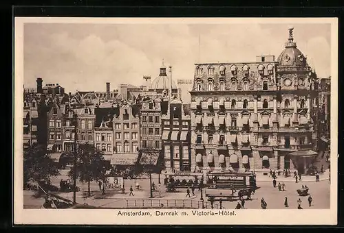 AK Amsterdam, Damrak m. Victoria-Hotel und Strassenbahn