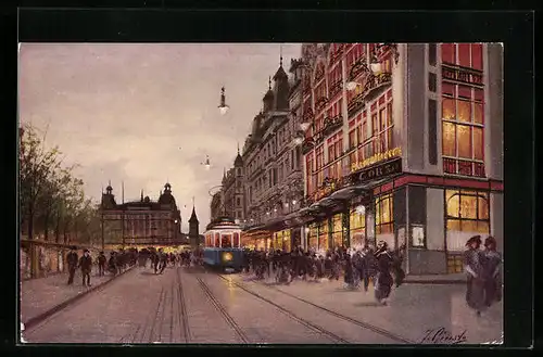 Künstler-AK Zürich, Passanten und eine Strassenbahn auf der Theaterstrasse