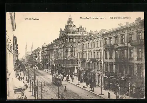 AK Warschau, eine Strassenbahn auf der Marschallkowskastrasse