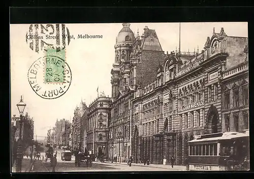 AK Melbourne, Collins Street, eine Strassenbahn auf der Strasse