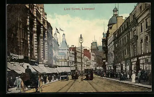 AK Liverpool, Lord STreet, eine Strassenbahn vor den Geschäften