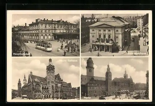 AK Chemnitz, Strassenbahn auf dem Markt, vor dem Hauptbahnhof, das neue Rathaus