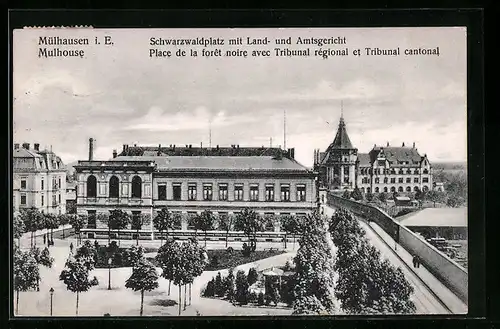 AK Mülhausen i. E., Schwarzwaldplatz mit Land- und Amtsgericht