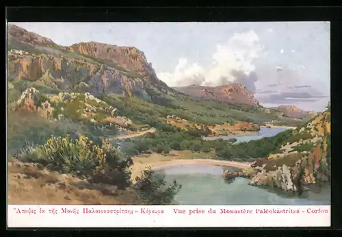 Künstler-AK Corfou, Vue prise du Monastère Palèokastritza