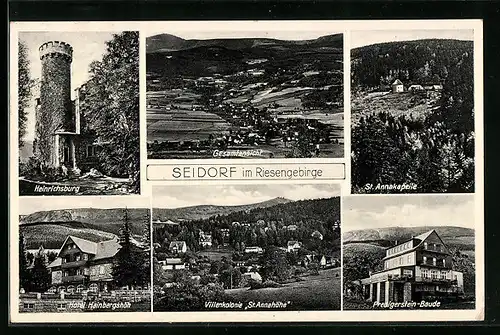 AK Seidorf im Riesengebirge, Gesamtansicht, Heinrichsburg, St. Annakapelle, Hotel Hainbergshöh, Predigerstein-Baude
