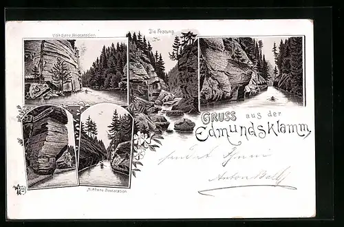 Lithographie Edmundsklamm, Die Festung, vordere und hintere Bootsstation