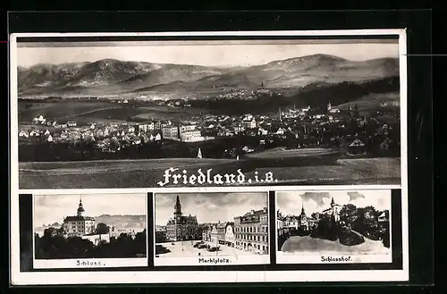 AK Friedland i. B., Gesamtansicht, Schloss, Marktplatz und Schlosshof