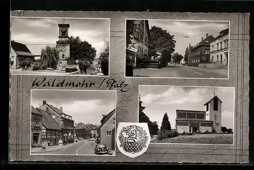 AK Waldmohr /Pfalz, Vier Ansichten aus dem Ort mit Wappen