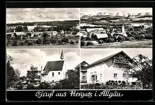 AK Hergatz i. Allgäu, zwei Ortsansichten, Kirche und Geschäft Bernh. Müller
