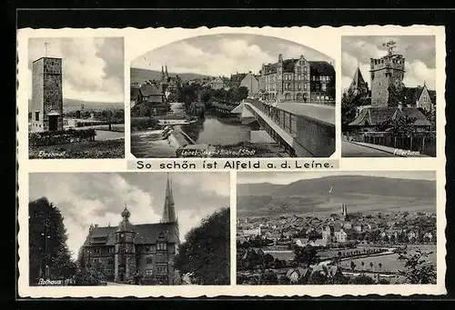 AK Alfeld /Leine, Ortsansicht, Rathaus, Fillerturm, Leinebrücke mit Blick auf Stadt, Ehrenmal