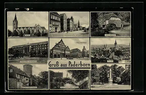 AK Paderborn, Dom, Bahnhofstr., Alte Mühle, Priester-Seminar, Rathaus, Totalansicht, Husarendenkmal, Ausfluss d. Pader