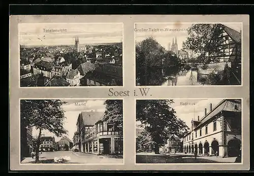 AK Soest i. W., Totalansicht, grosser Teich mit Wiesekirche, Markt und Rathaus