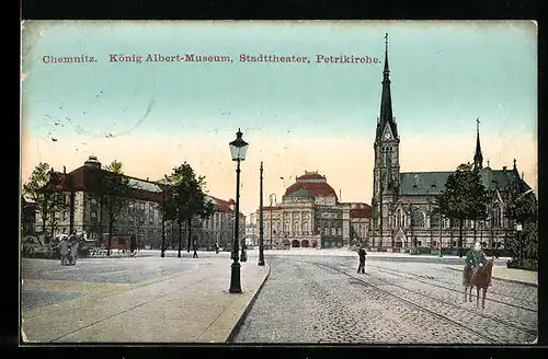 AK Chemnitz, König Albert-Museum, Stadttheater, Petrikirche