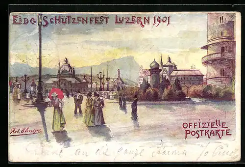 Künstler-AK Luzern, Eidgen. Schützenfest 1901-Ortspartie