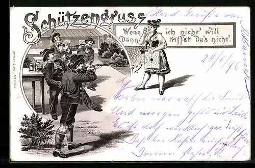 Lithographie Frau hält die Zielscheibe beim Schützenfest, Mann mit Gewehr zielt auf diese