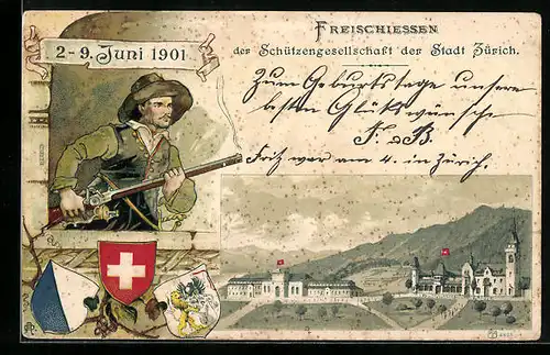 Lithographie Zürich, Freischiessen der Schützengesellschaft 1901-Schütze mit Gewehr und Wappen