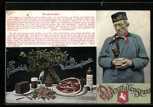 AK Frühstück im Westfalenlande mit Pumpernickel und Schinken, Mann mit Pfeife in Tracht