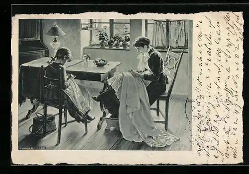 AK Mutter mit ihrer Tochter bei der Heimarbeit