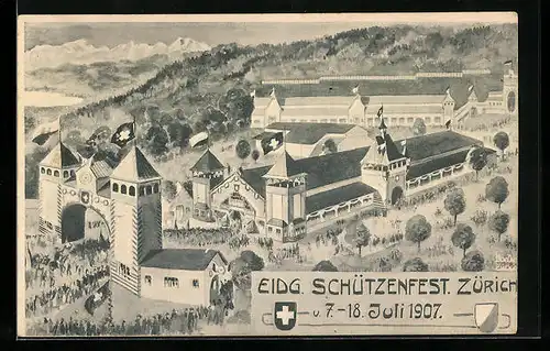 Künstler-AK Zürich, Eidgenössisches Schützenfest 1907, Ortspartie