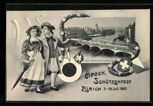Künstler-AK Zürich, Eidgenössisches Schützenfest 1907, Bahnhofbrücke und Landesmuseum