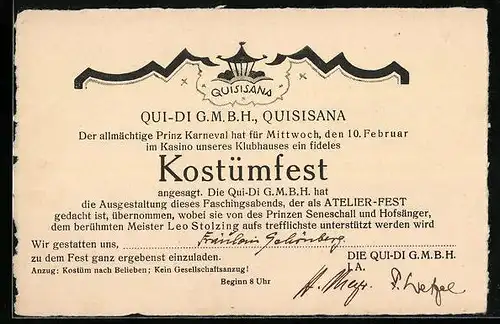 AK Einladung zum Kostümfest von Quisisana